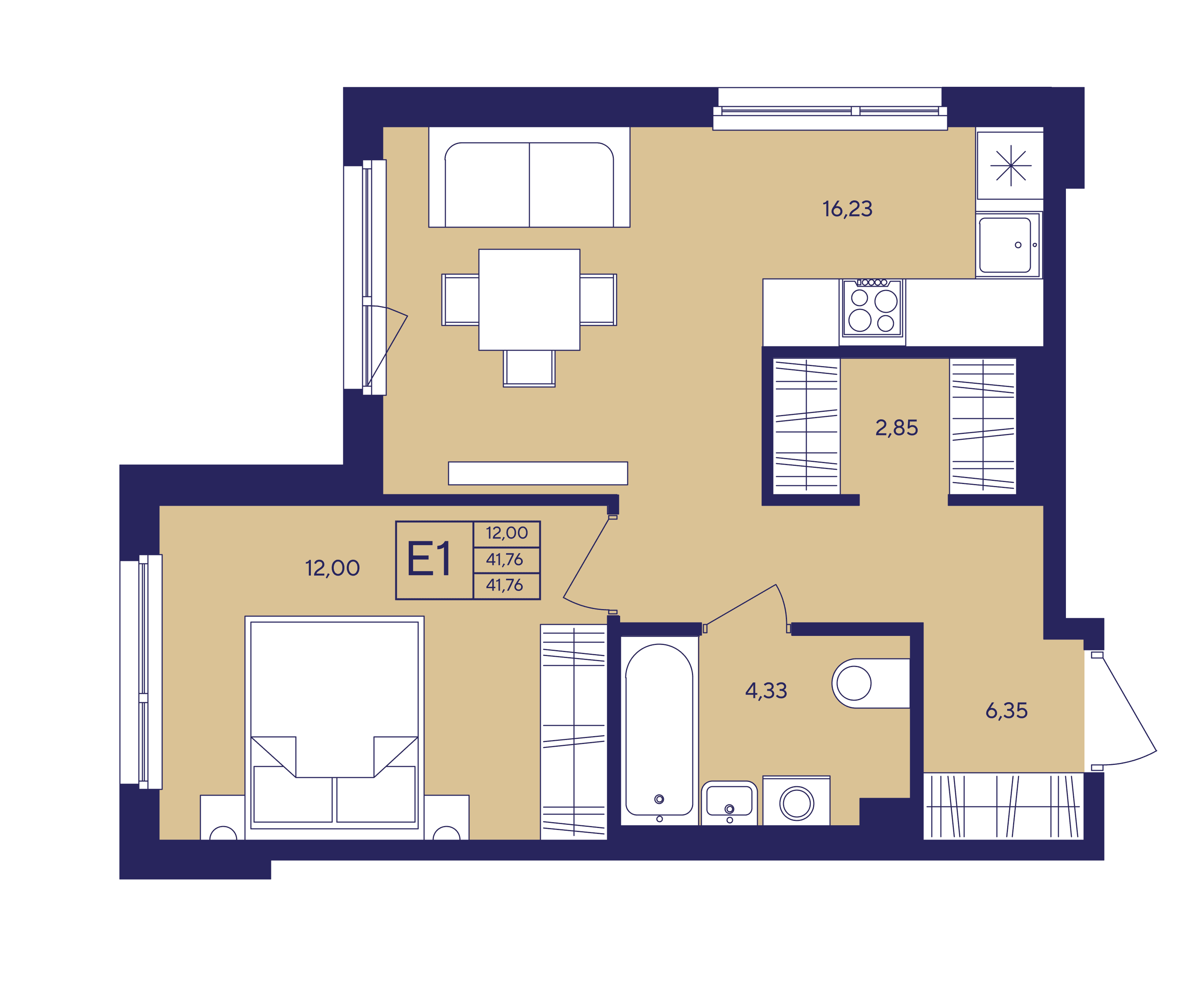 Планировка 1-комнатная квартиры, 41.76 м² — ЖК «Новый Ямбург»
