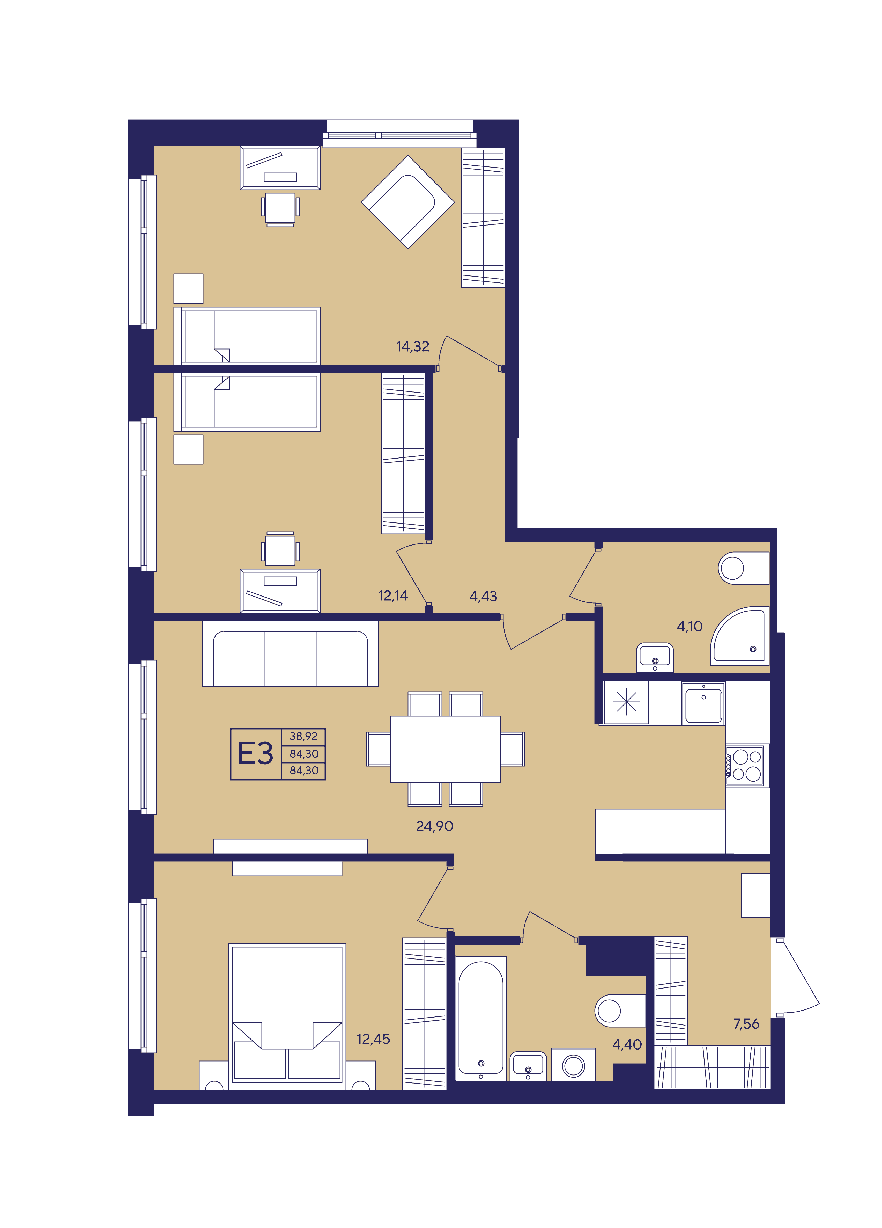 Планировка 3-комнатная квартиры, 84.3 м² — ЖК «Новый Ямбург»