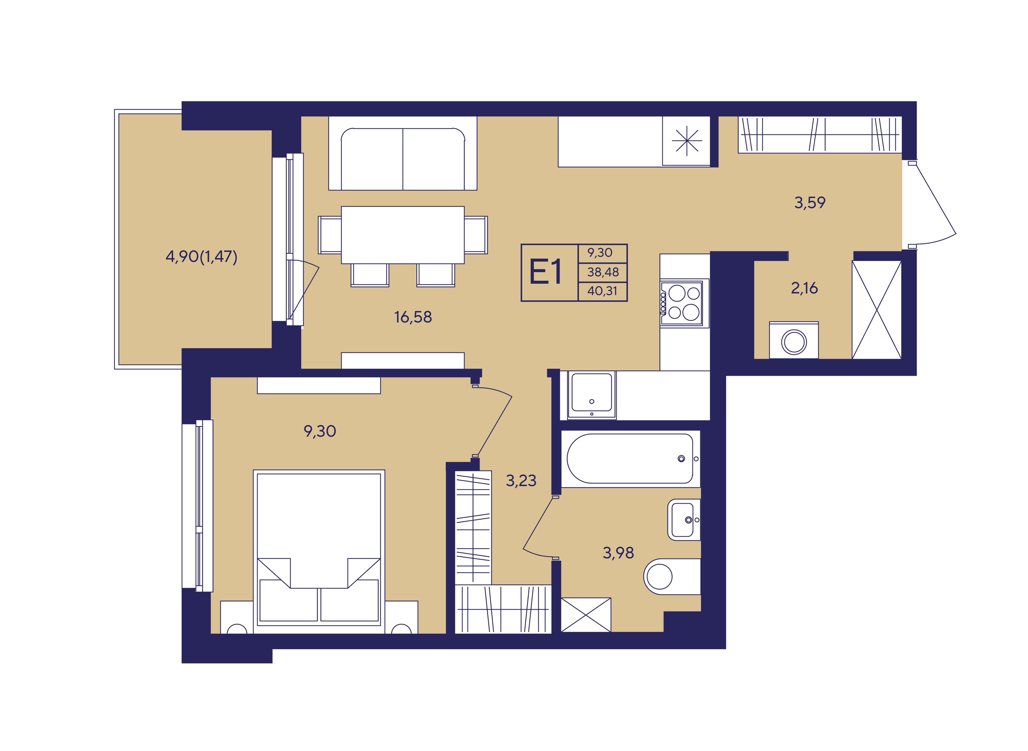 Планировка 1-комнатная квартиры, 43.74 м² — ЖК «Новый Ямбург»