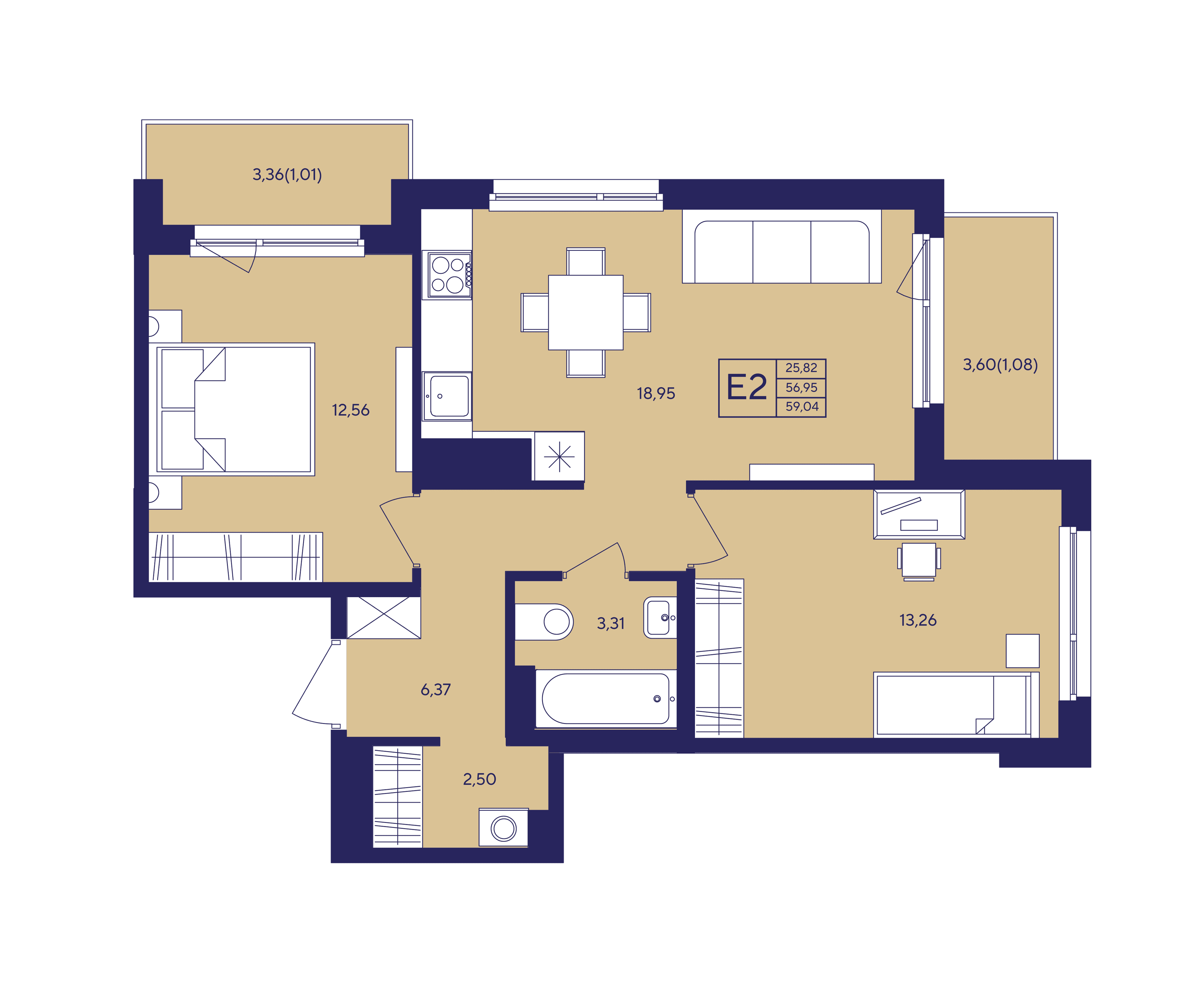 Планировка 2-комнатная квартиры, 63.91 м² — ЖК «Новый Ямбург»