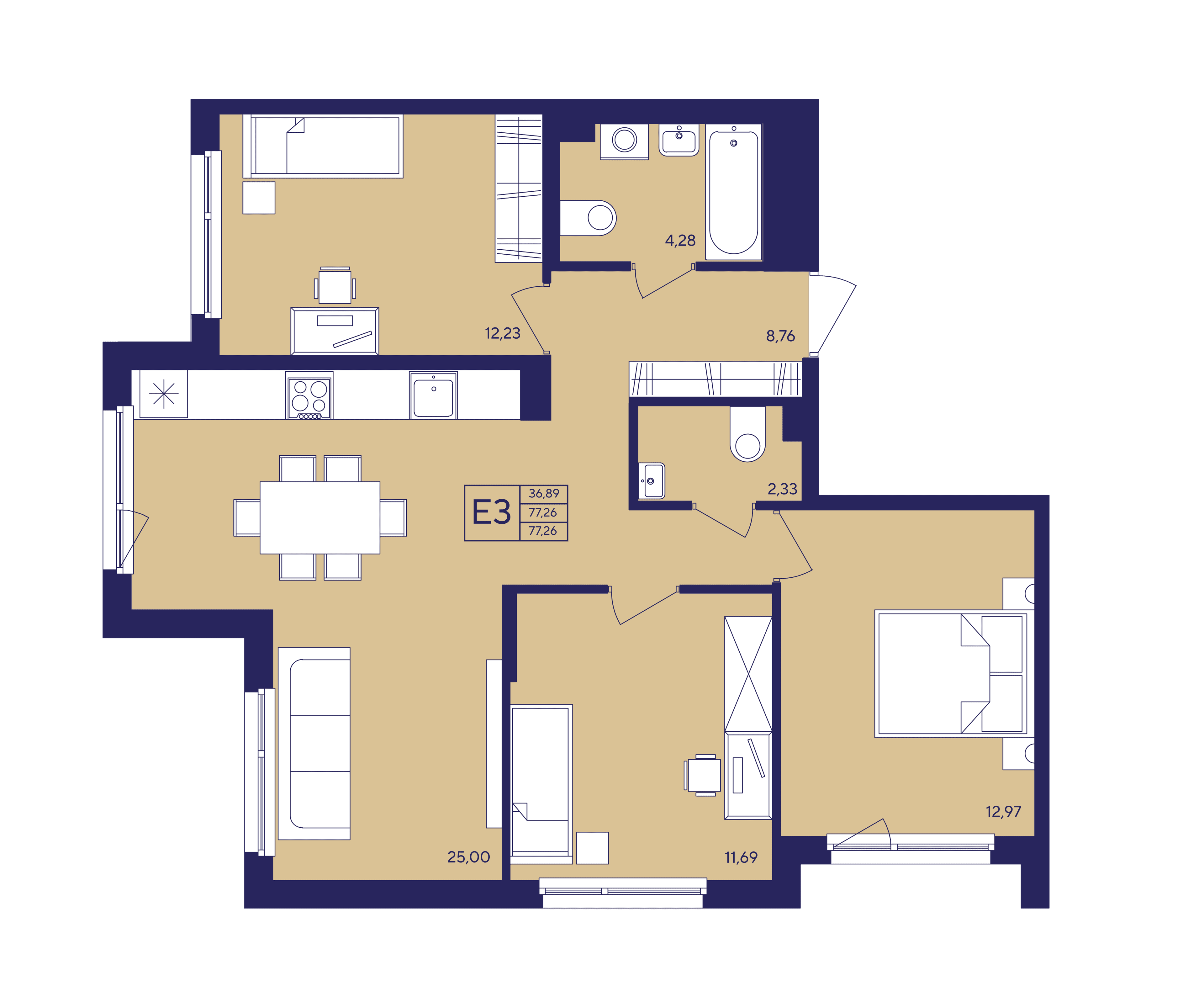 Планировка 3-комнатная квартиры, 77.26 м² — ЖК «Новый Ямбург»