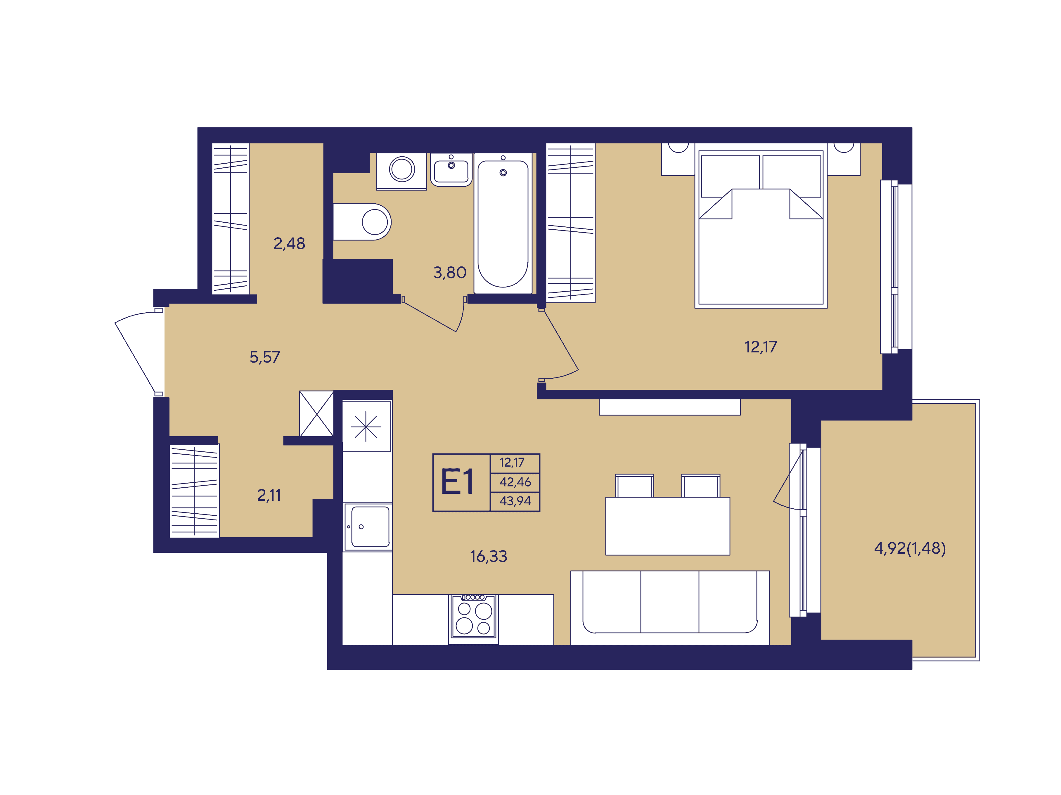Планировка 1-комнатная квартиры, 47.38 м² — ЖК «Новый Ямбург»