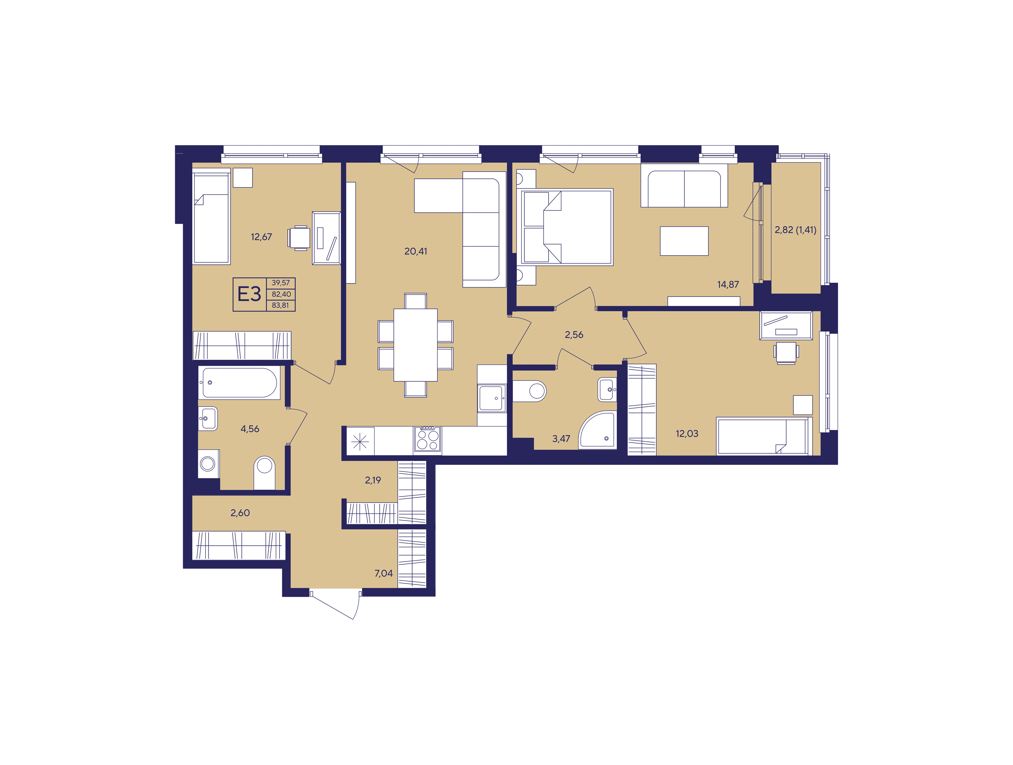 Планировка 3-комнатная квартиры, 85.22 м² — ЖК «Новый Ямбург»