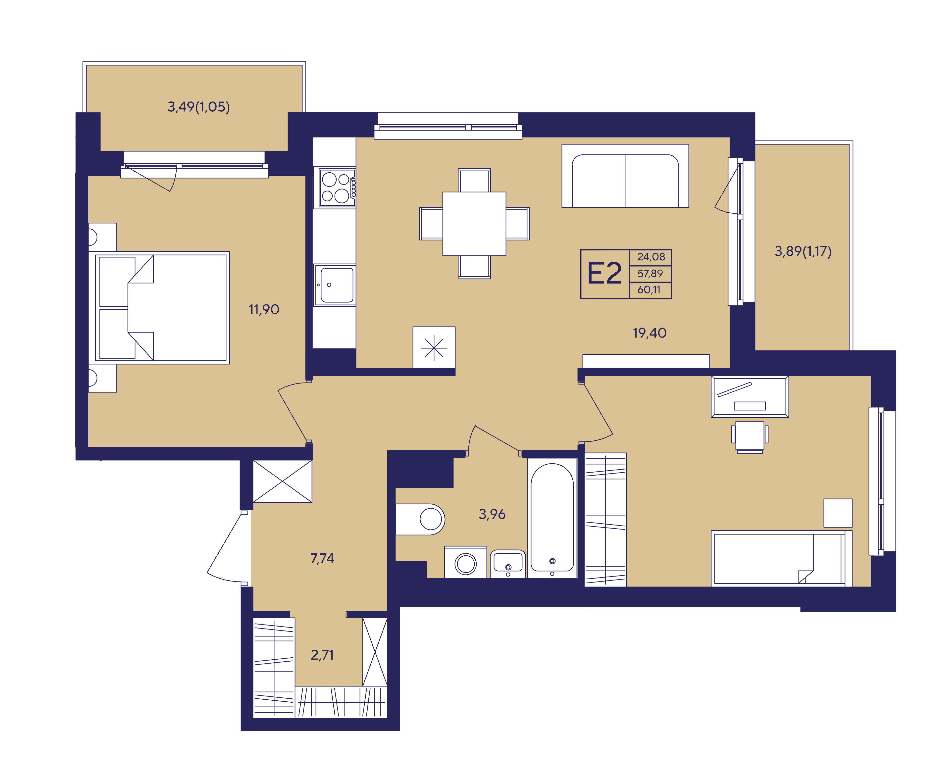 Планировка 2-комнатная квартиры, 65.27 м² — ЖК «Новый Ямбург»