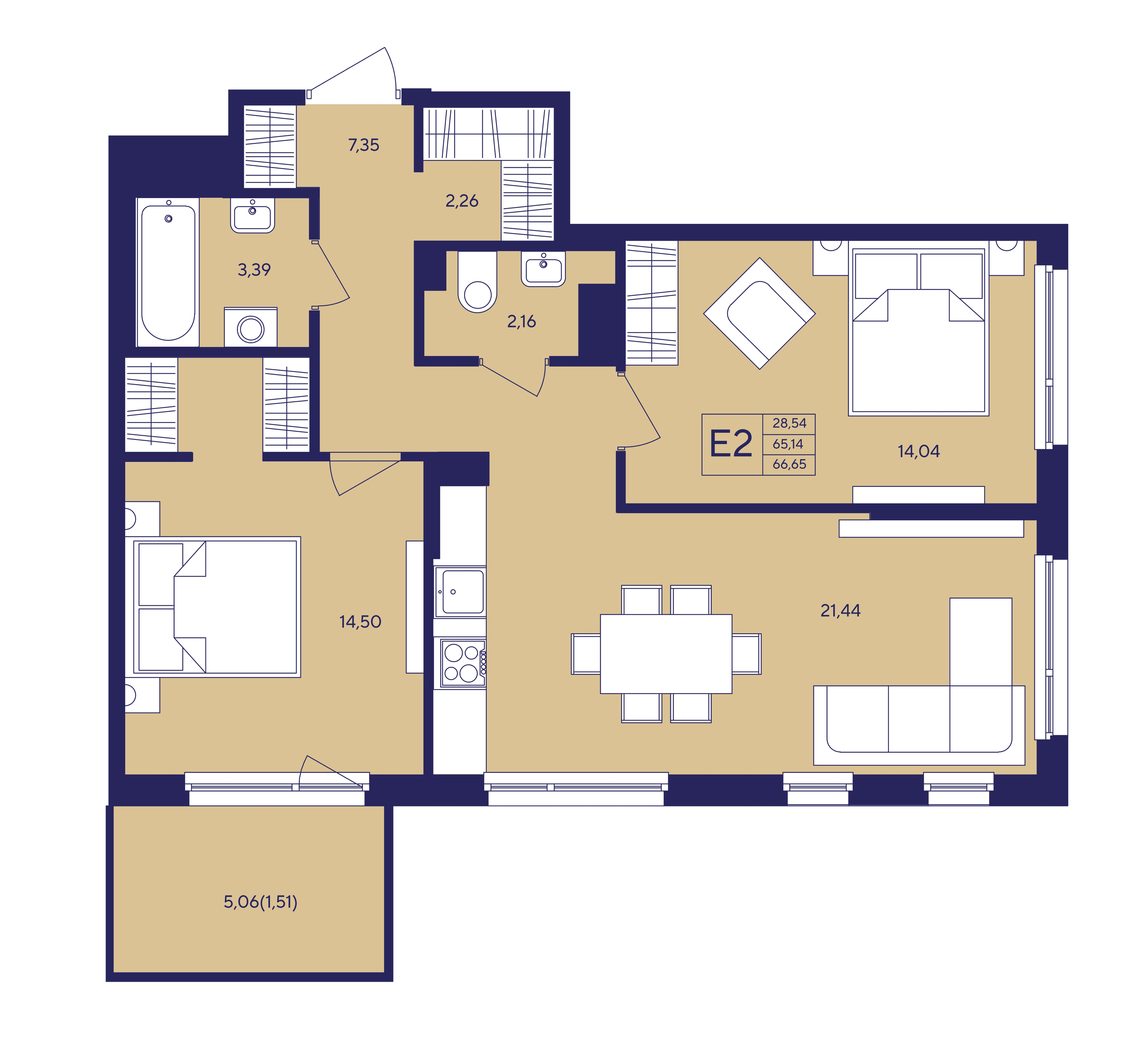 Планировка 2-комнатная квартиры, 70.2 м² — ЖК «Новый Ямбург»